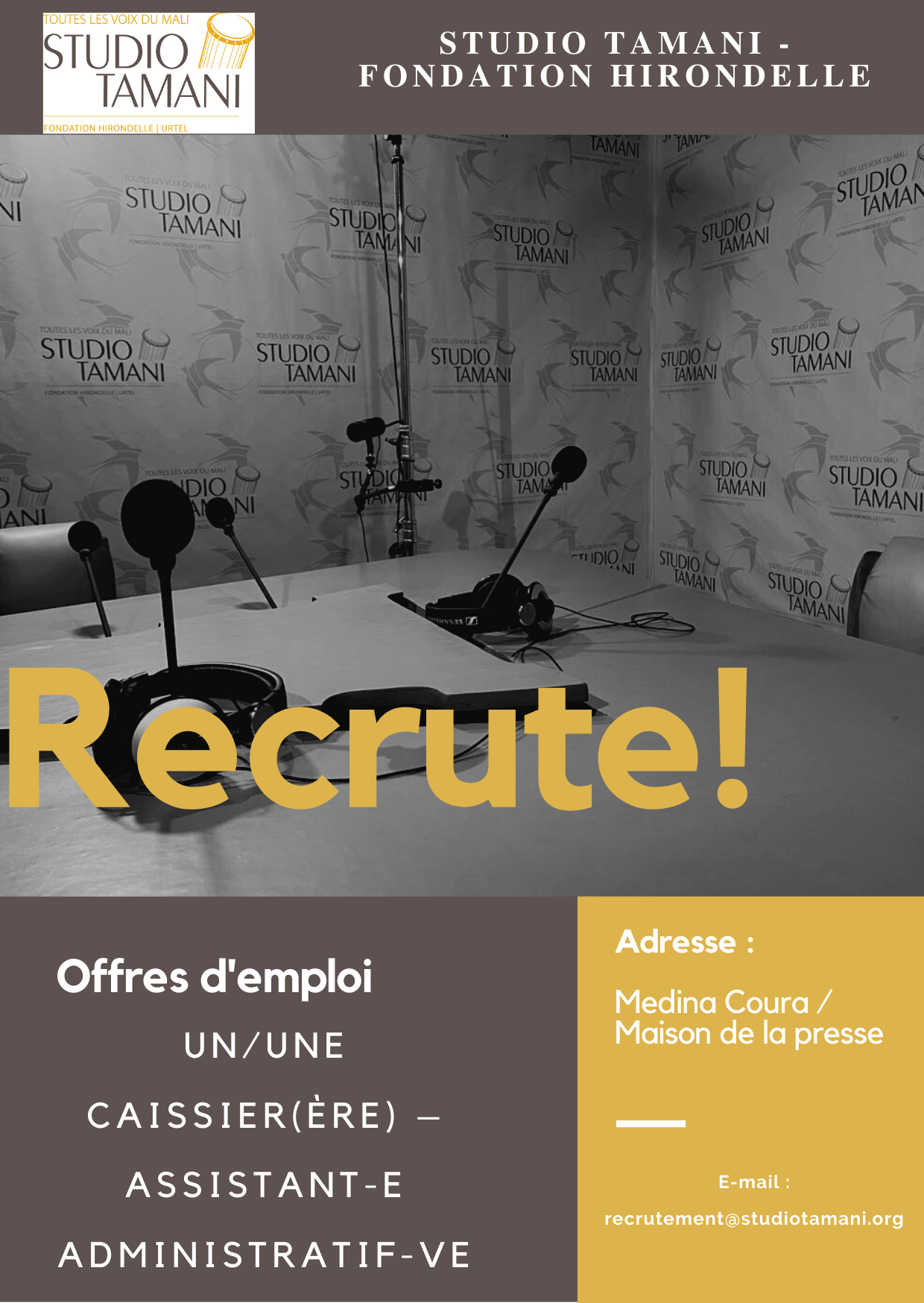 Studio Tamani recrute un/une Caissier(ère) – Assistant-e Administratif-ve